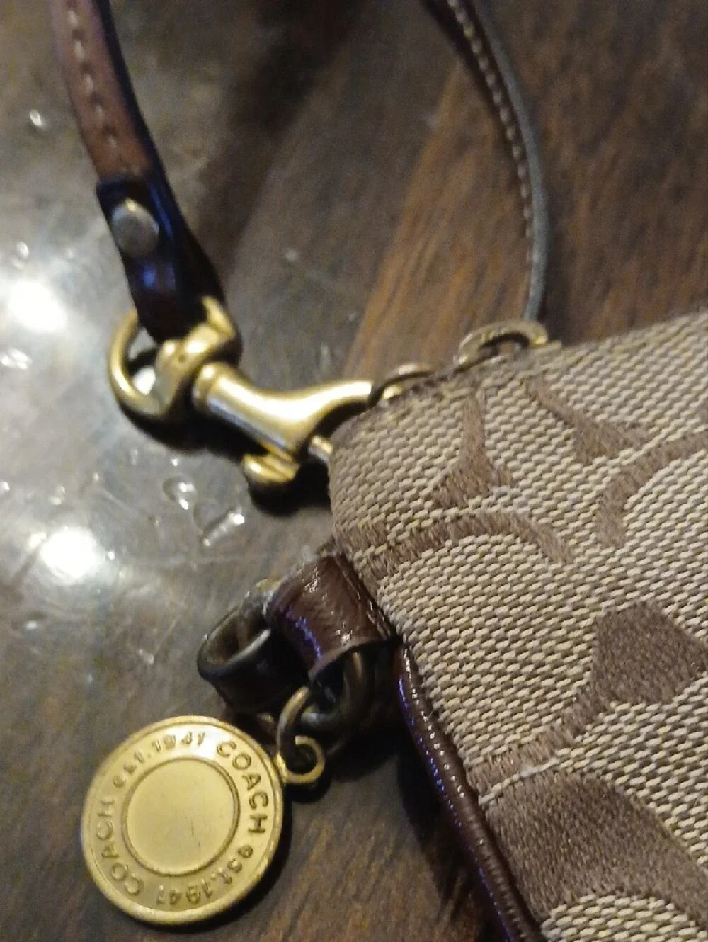 Coach Brown Logo Canvas Wristlet with Dark Brown Accent